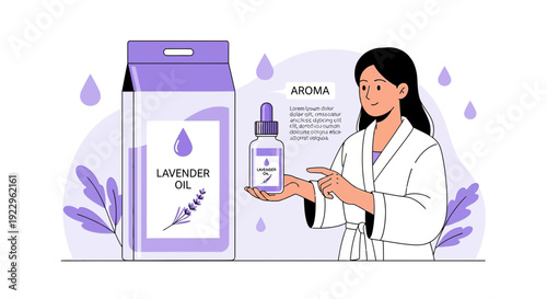 Woman holding lavender oil bottle near packaging, aromatherapy concept