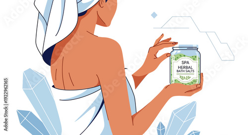 Woman holding jar of herbal bath salts, spa and wellness concept illustration