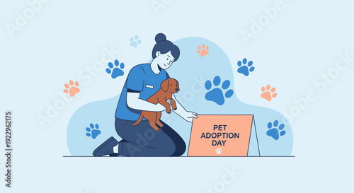 Woman Holding Puppy for Pet Adoption Day, Paw Prints Background