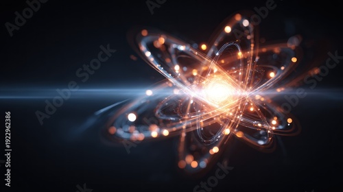 Glowing atom model with orbiting electrons, showcasing energy and science