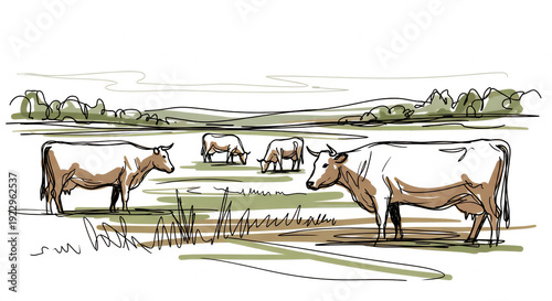 Wallpaper Mural cows grazing in pasture landscape sketch style illustration Torontodigital.ca