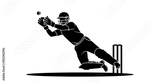 Cricket player in dynamic catching motion on field