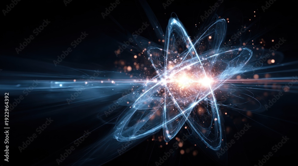 Fototapeta premium Glowing atomic structure emitting energy, particle trails, dark background