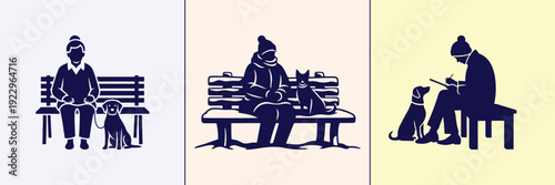 Person Sitting on Bench with Dog Silhouette Bundle Featuring Park, Garden, Riverside, Urban, and Nature Scenes for Outdoor Lifestyle, Pet, and Relaxation Vector Design