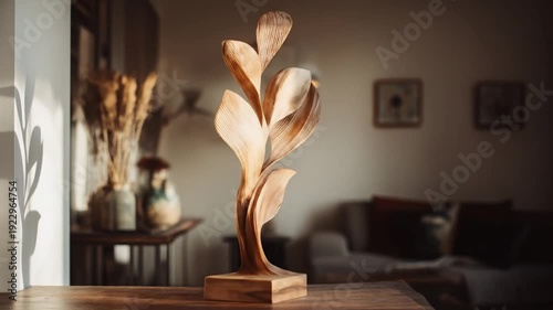 Elegant modern abstract wooden sculpture with organic, natural forms on a polished table, illuminated by warm sunlight in a cozy home interior.
