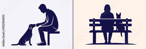 Person Sitting on Bench with Dog Silhouette Bundle Featuring Park, Garden, Riverside, Urban, and Nature Scenes for Outdoor Lifestyle, Pet, and Relaxation Vector Design