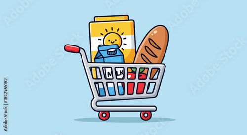 Shopping cart with groceries vector illustration. Includes bread, milk, juice, and various food items. Created in flat cartoon style with a light blue background.