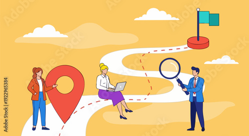 Business strategy and goal achievement vector illustration. Includes people navigating a winding path with a destination flag, location pin, and magnifying glass. Created in flat cartoon style