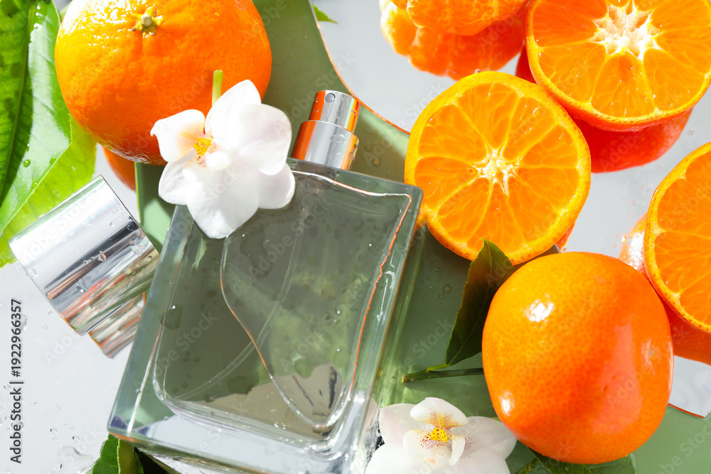 Fototapeta premium Bottle of perfume, flowers and tangerines on light green background, closeup