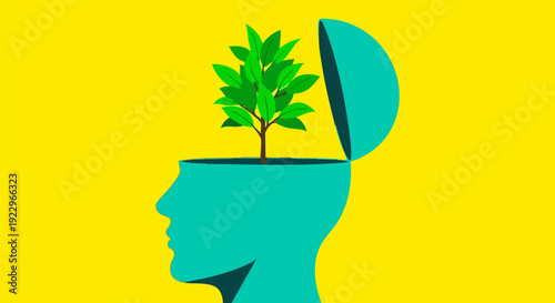 Green tree growing from an open human head in a vibrant yellow and teal flat vector illustration