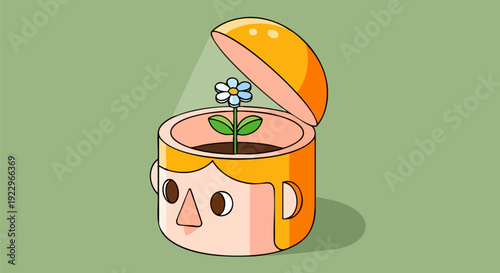 Isometric vector illustration of a human head with a blooming flower inside, symbolizing growth, creativity, and new ideas. The head is light orange and beige