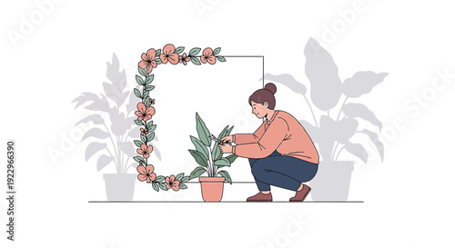 Woman Gardening, Pruning Plant Near Floral Square Frame, Houseplants Silhouette