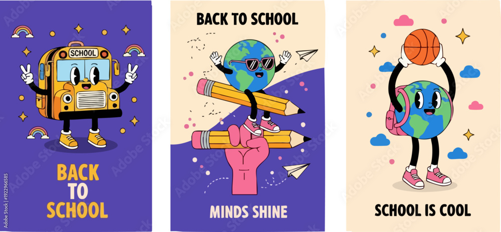 Fototapeta premium Back to School retro cartoon vector collection. Includes a school bus, Earth character with pencils, and Earth character with basketball. Created in a vintage cartoon style with purple, beige