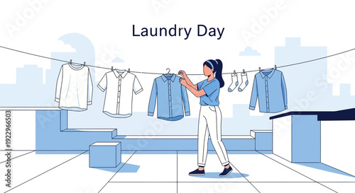 Woman hanging laundry on clothesline on rooftop with city skyline background