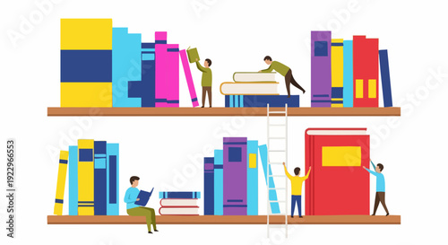 People arranging books on bookshelves vector illustration. Includes tiny characters organizing colorful books on wooden shelves with a ladder. Created in flat cartoon style with a bright color