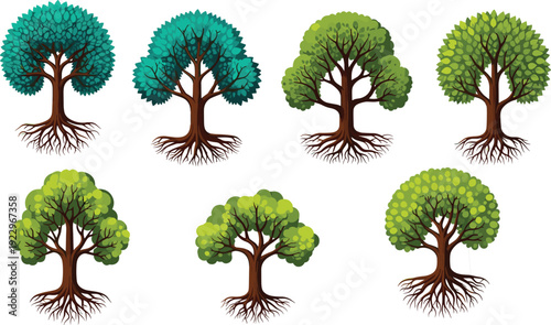 Collection of lush green trees with roots visible, different foliage styles, nature elements pack, minimal flat vector illustration