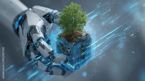 Robotic hand gently holding a miniature, vibrant ecosystem within a translucent cube