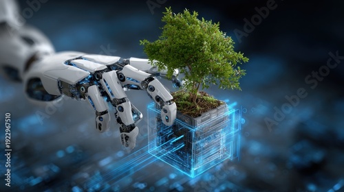 Robotic hand carefully placing a small tree into a digital cube, symbolizing technological integration with nature