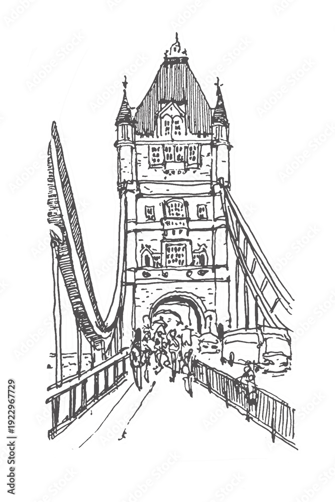 Obraz premium Sketch of Tower Bridge in London. Architecture sketch illustration. Hand drawn sketch of London city, UK. Sketch in black color on white background. Freehand drawing. Hand drawn travel postcard.