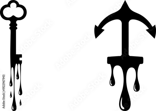 Dripping Key and Anchor Silhouettes Graphic Elements