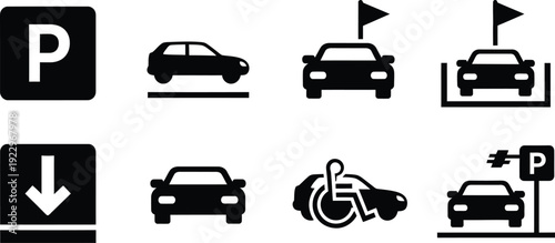 Parking and directional icons for accessible and general parking areas