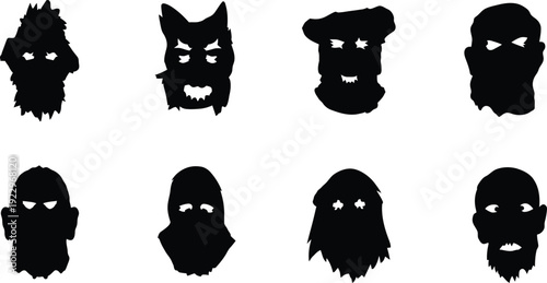 Collection of eight unique black silhouette faces with glowing eyes