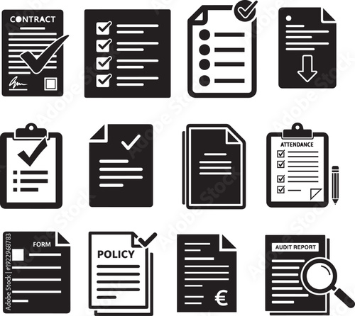 Black document icons including contract policy audit report form attendance and checklist symbols