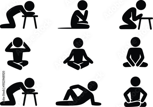 Sitting Postures Stick Figure Silhouette Icon Set Body Language Sitting Pose Silhouette Vector Pack