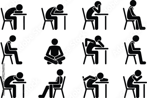 Sitting Postures Stick Figure Silhouette Icon Set Body Language Sitting Pose Silhouette Vector Pack