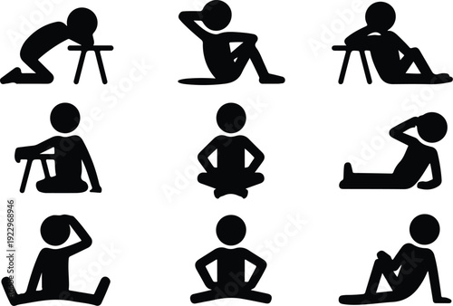 Sitting Postures Stick Figure Silhouette Icon Set Body Language Sitting Pose Silhouette Vector Pack