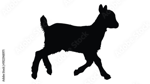 Silhouette of a young goat walking depicted in a stark black and white style