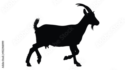 A black silhouette of a male goat standing in profile view