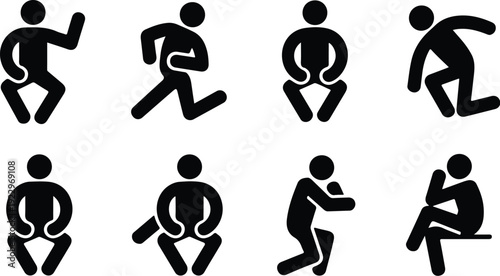 Sitting Postures Stick Figure Silhouette Icon Set Body Language Sitting Pose Silhouette Vector Pack