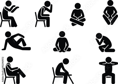 Sitting Postures Stick Figure Silhouette Icon Set Body Language Sitting Pose Silhouette Vector Pack