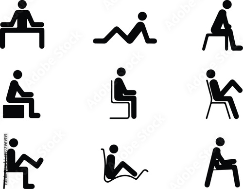 Sitting Postures Stick Figure Silhouette Icon Set Body Language Sitting Pose Silhouette Vector Pack