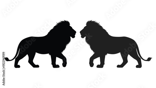 Two majestic lions facing each other in a stark black silhouette