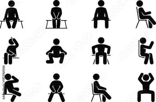 Sitting Postures Stick Figure Silhouette Icon Set Body Language Sitting Pose Silhouette Vector Pack