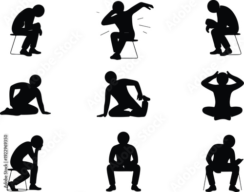 Sitting Postures Stick Figure Silhouette Icon Set Body Language Sitting Pose Silhouette Vector Pack