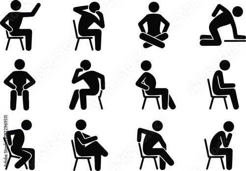 Sitting Postures Stick Figure Silhouette Icon Set Body Language Sitting Pose Silhouette Vector Pack