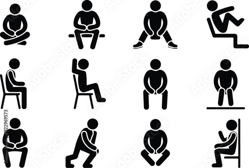Sitting Postures Stick Figure Silhouette Icon Set Body Language Sitting Pose Silhouette Vector Pack