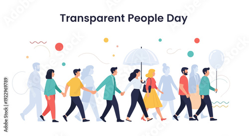 Diverse people walking, some transparent, representing transparency.