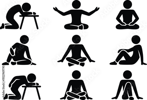 Sitting Postures Stick Figure Silhouette Icon Set Body Language Sitting Pose Silhouette Vector Pack