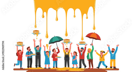 Happy People Enjoying Pancakes Drizzled with Honey