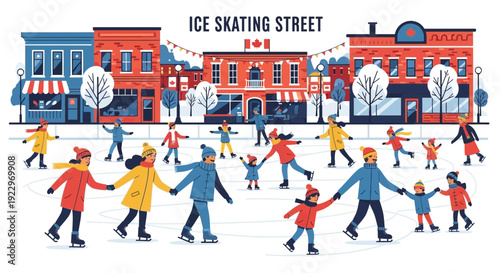 People Ice Skating on Street in Snowy Town, Winter Activity