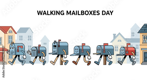 Walking Mailboxes Day Illustration: Mailboxes with faces on legs walking
