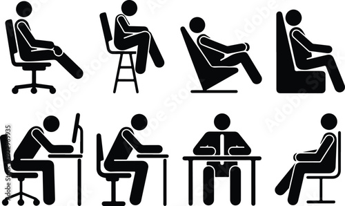Sitting Postures Stick Figure Silhouette Icon Set Body Language Sitting Pose Silhouette Vector Pack