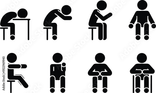 Sitting Postures Stick Figure Silhouette Icon Set Body Language Sitting Pose Silhouette Vector Pack