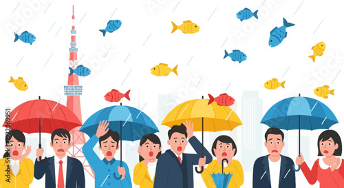 Surreal Rain of Fish Over People with Umbrellas in City
