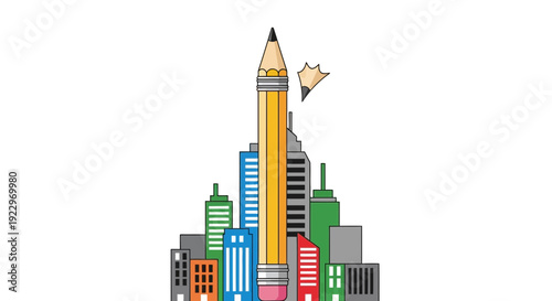 Pencil skyscraper in cityscape, art and design concept
