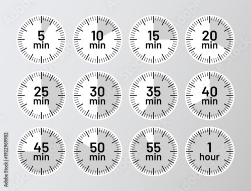 Chronometer deadline icons in circle shape. Round clocks with different minutes. Countdown timer set. Timer, stopwatches symbols isolated. Vector illustration. Cooking indicators in flat design.